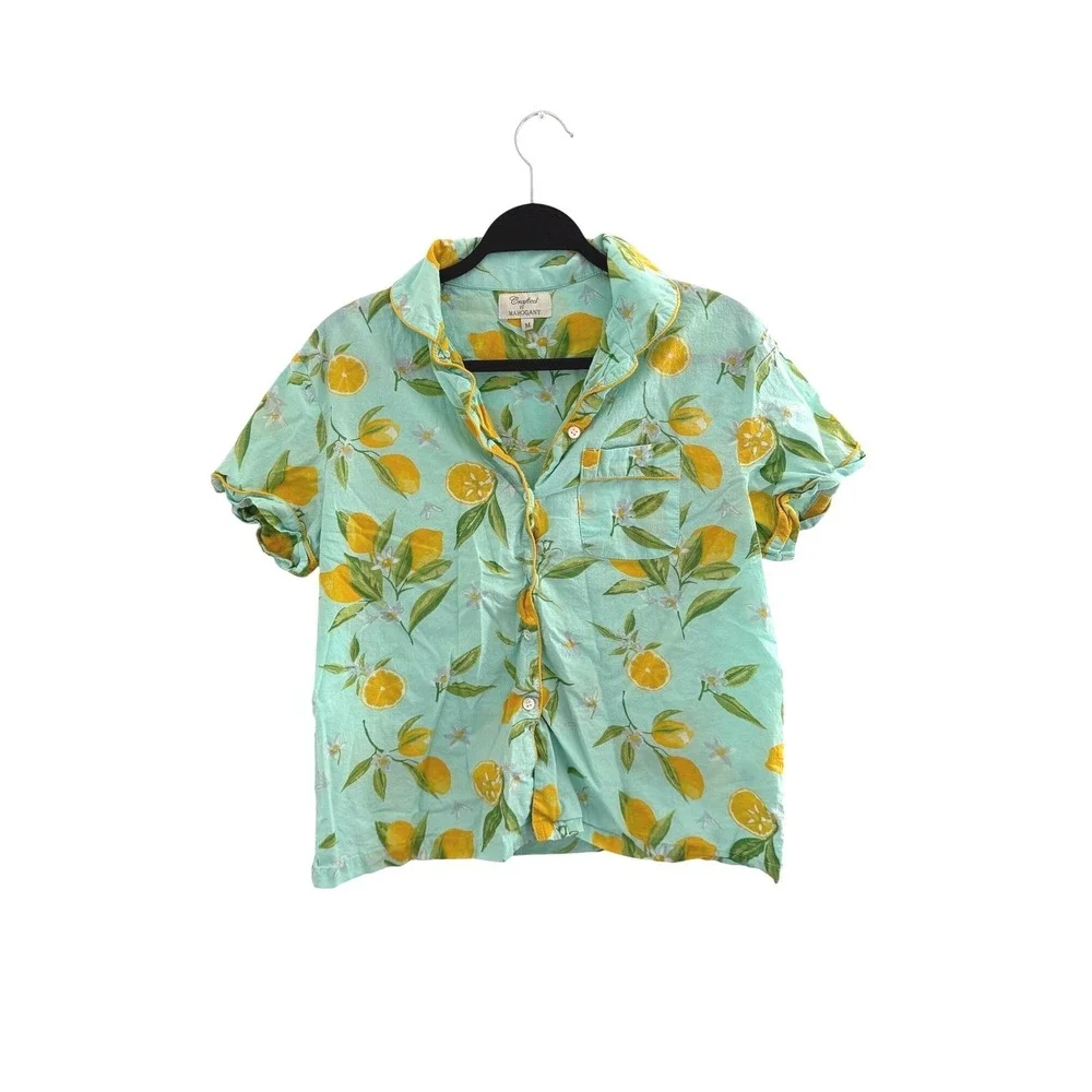 Crafted by Mahogany Lemon Print Pajamas Set‎ Mint Green Yellow Top Shorts Size M